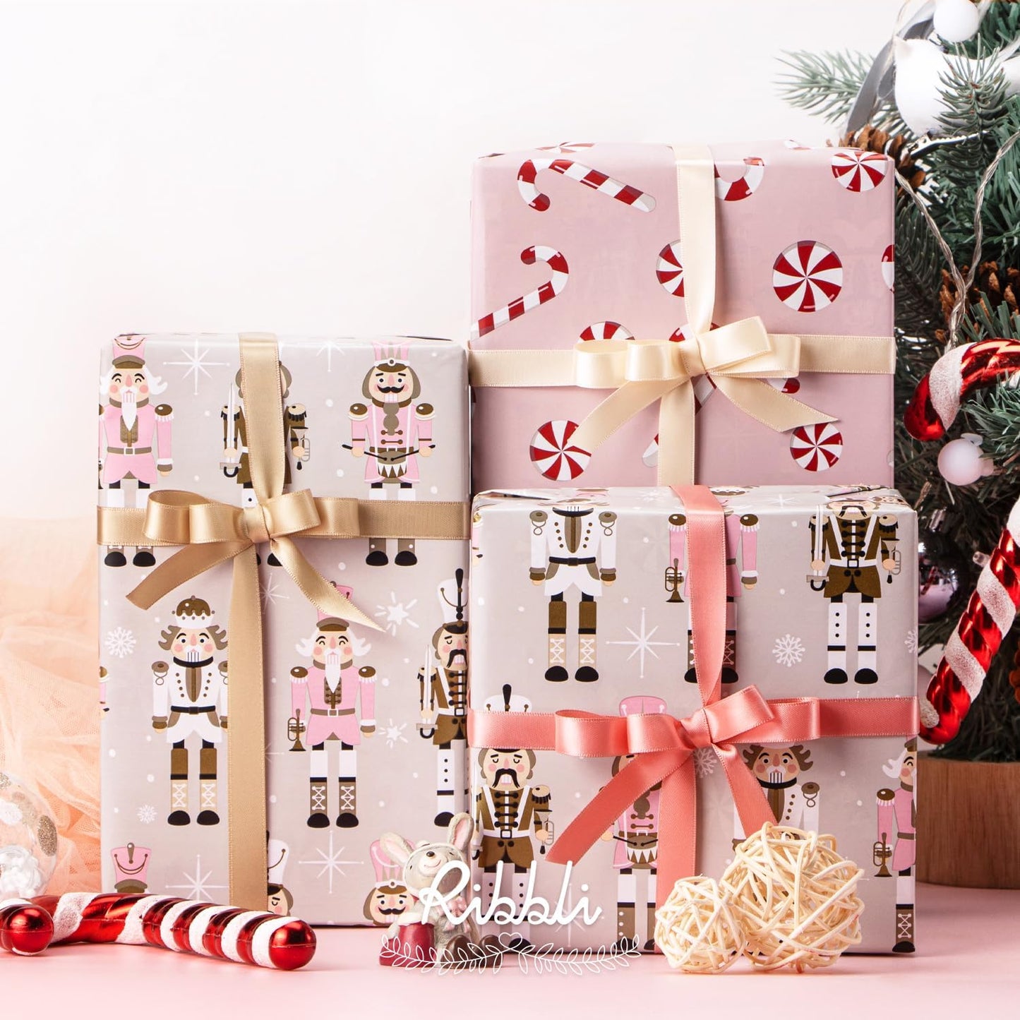 Ribbli Reversible Christmas Wrapping Paper Rolls, Nutcracker and Candy Cane Pink Gift Wrapping Paper-17 Inch x 33 Feet