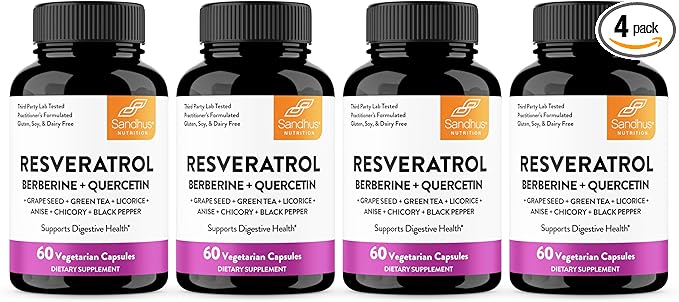 Sandhu's Resveratrol with Berberine for Gut Health | Digestive Supplement for Women & Men | Green Tea, Star Anise, DGL, Grape Seed Extract & Quercetin | Eases Bloating | 60 Capsules (Pack of 4)