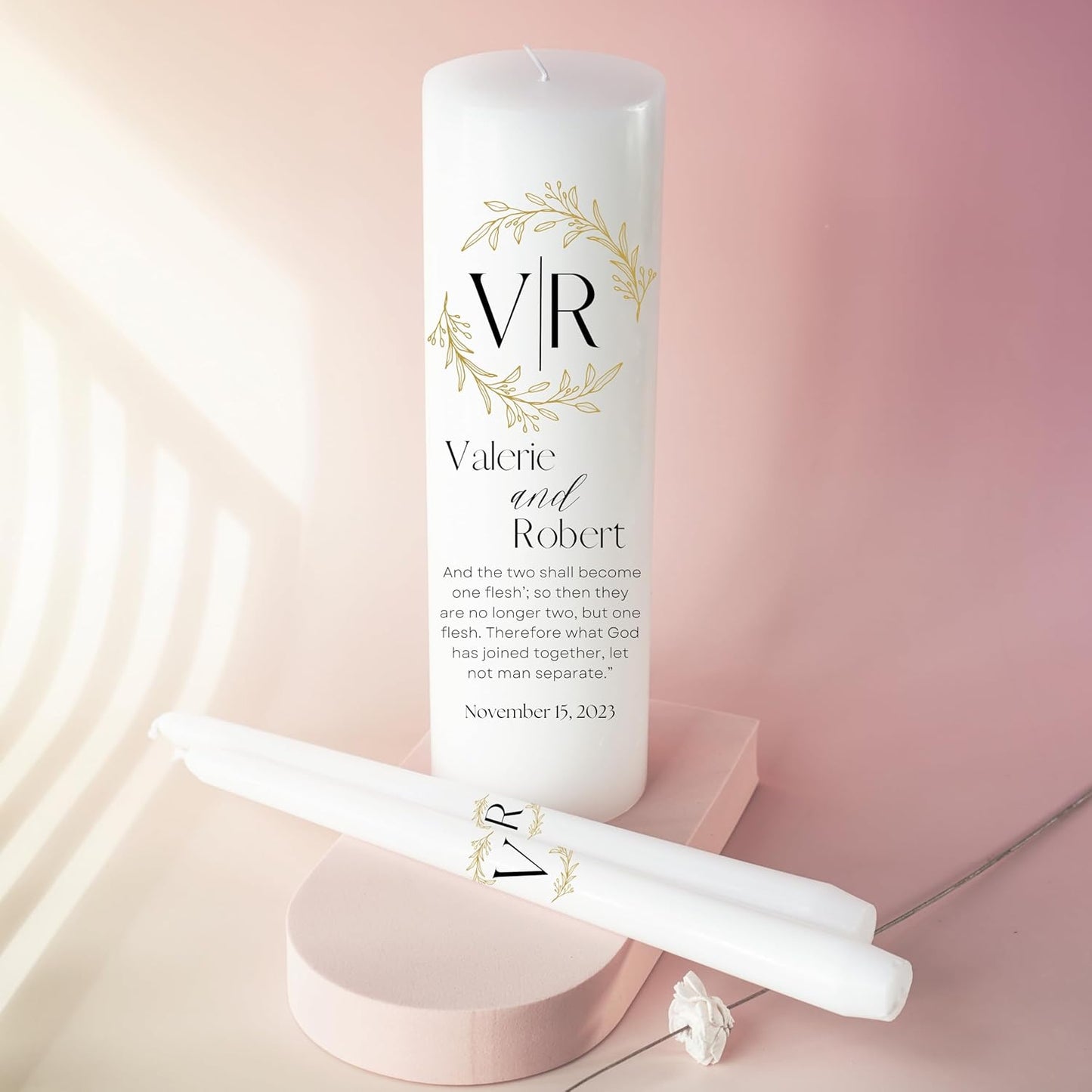 Unity Candles for Wedding, Modern Unity Set, Custom and Personalized Pillar and Taper Candles with Bible Quote, Unscented White Premium Wax, Religious and Wedding Ceremony, Special Events (Laurel)