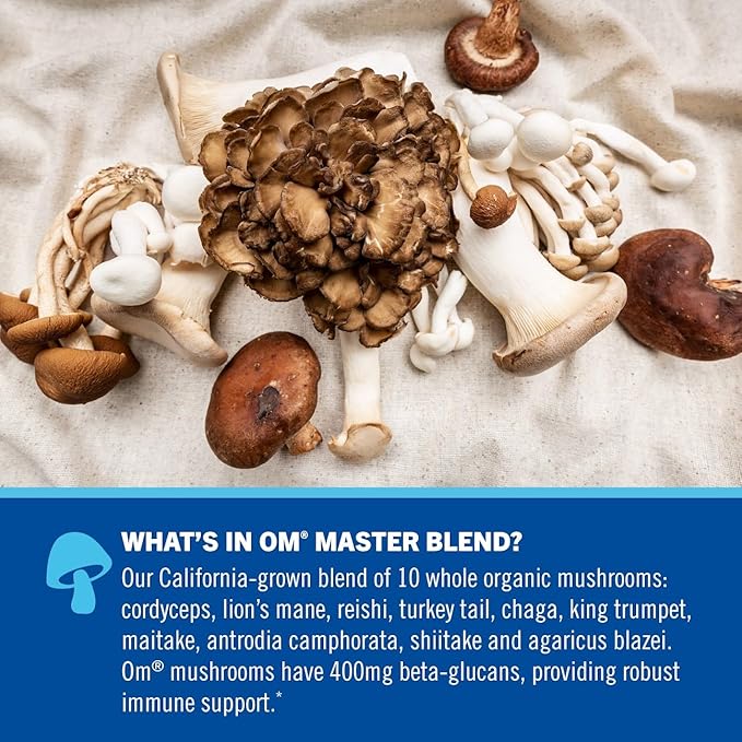 OM MUSHROOM SUPERFOOD Master Blend Mushrooms & Adaptogens, Creamy Vanilla Plant Protein, Single Serve, 10 Count, 10 Mushroom Complex, Lion's Mane, Ashwagandha, Stress Relief, GLP-1 Support