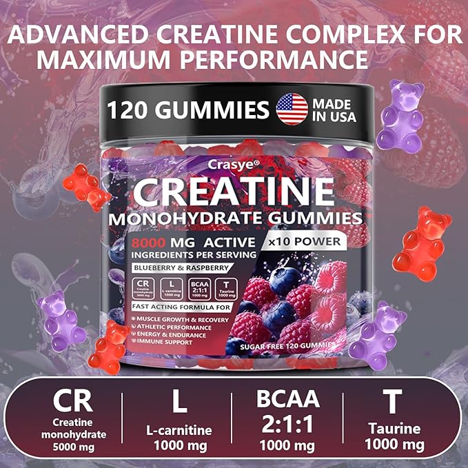 Creatine Monohydrate Gummies Complex 8000 MG for Men Women, Creatine Gummy with Taurine BCAA for Energy Support and Muscle Strength, Sugar Free Pre-Workout Supplement