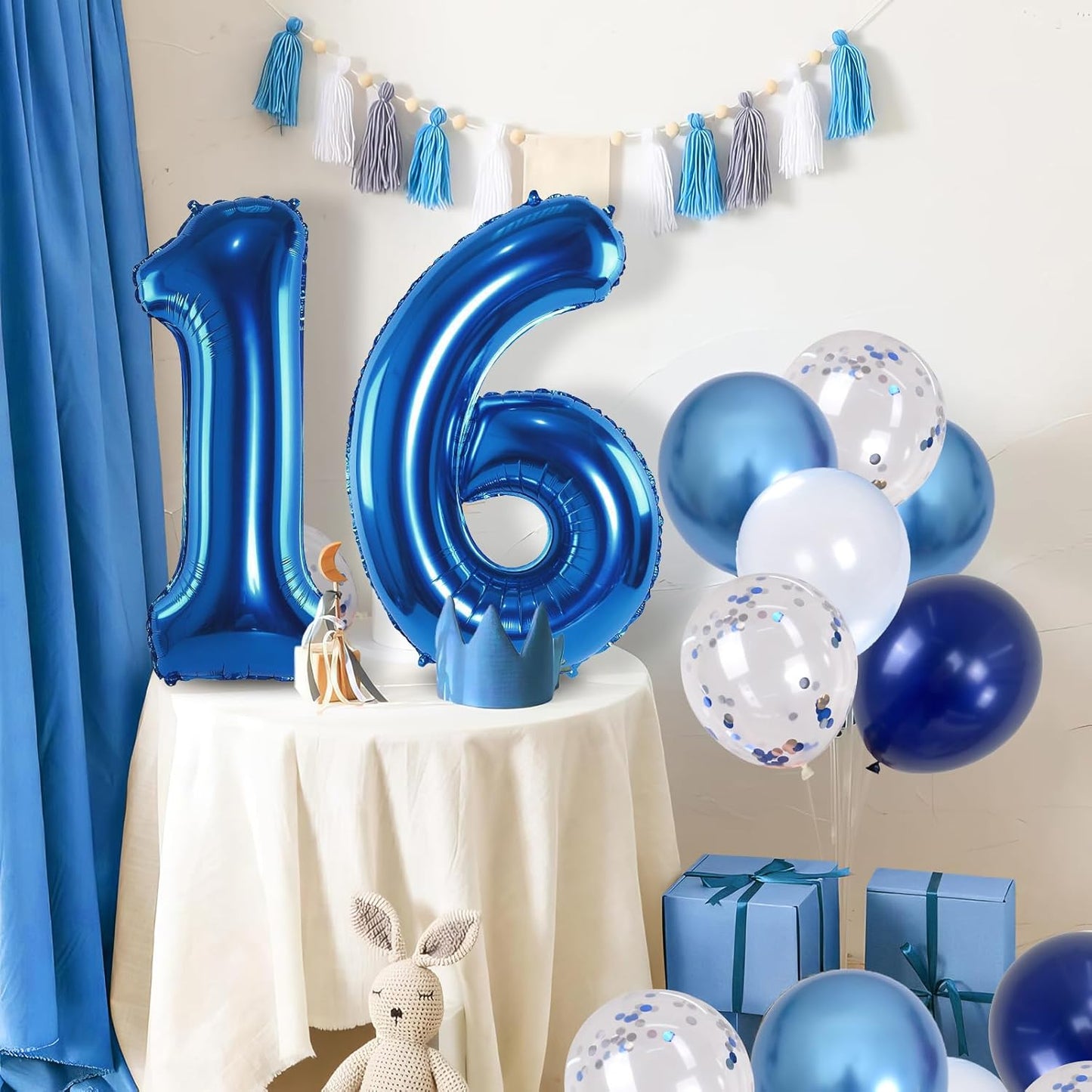 16 Balloon Number Blue, Big Number 16 Balloon Pastel Navy Dark Blue with Metallic Silver Confetti Balloon for Boys 16th Birthday, Foil 40'' Self Inflating Balloon 16 for Anniversary Party Decorations