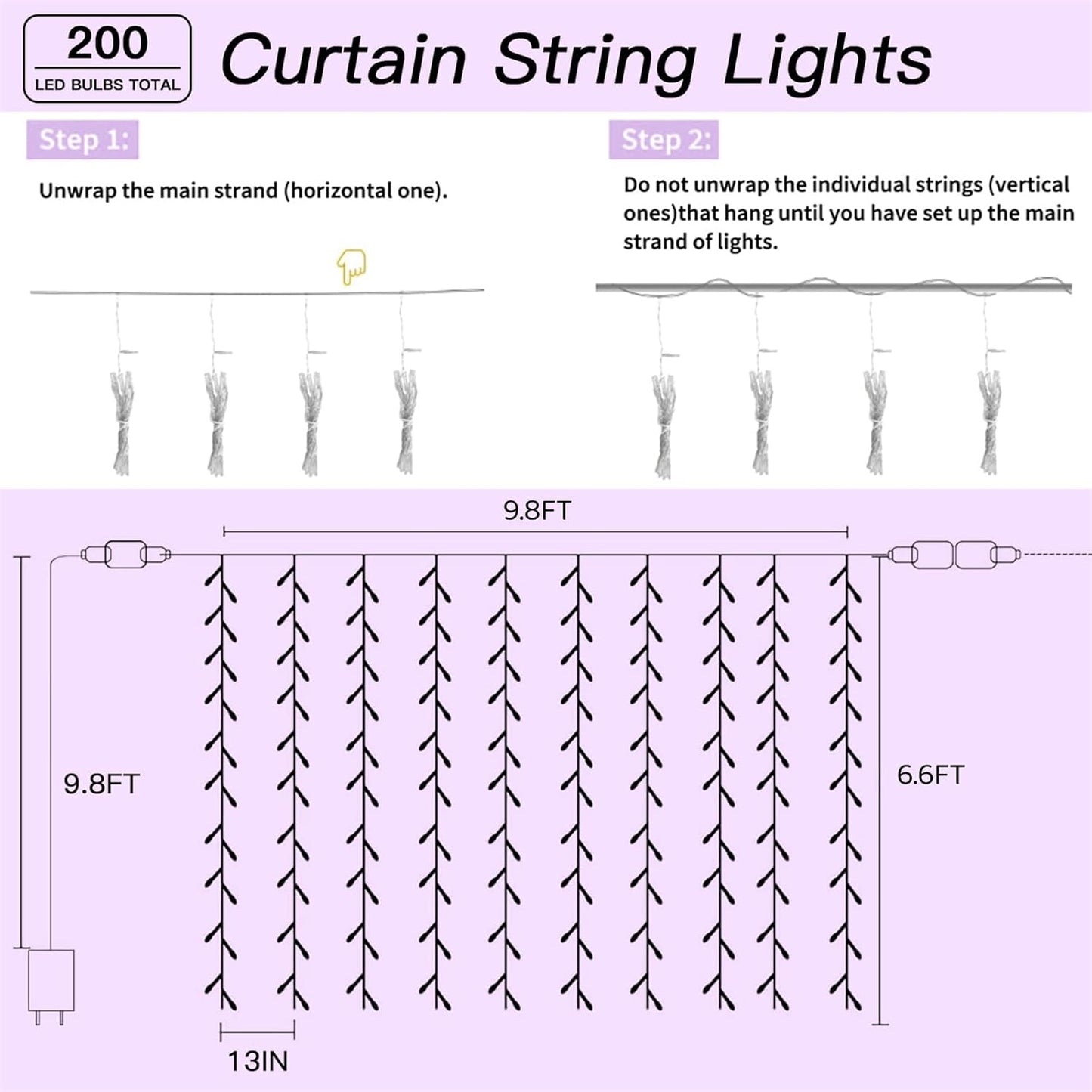 200 LED Rainbow Curtain String Lights 9.8 * 6.6FT Plug in Fairy with Timer and 8 Modes, Waterproof Window Wall Lights for Bedroom Wedding Party Indoor Outdoor Christmas Decor