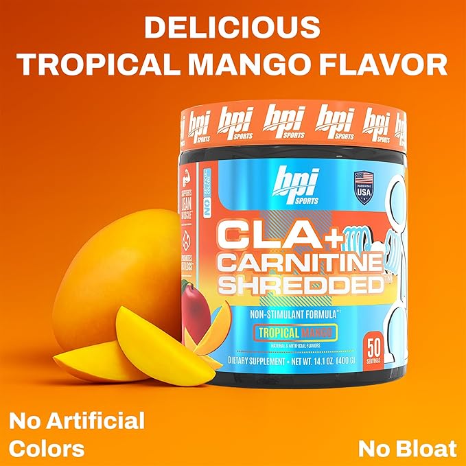 BPI Sports CLA + Carnitine Shredded - Convert Fat Cells Into Energy and Supports Lean Muscle, Boost Metabolism - Non-Stimulant L-Carnitine Supplement - Tropical Mango (14.1 oz. / 50 Servings)