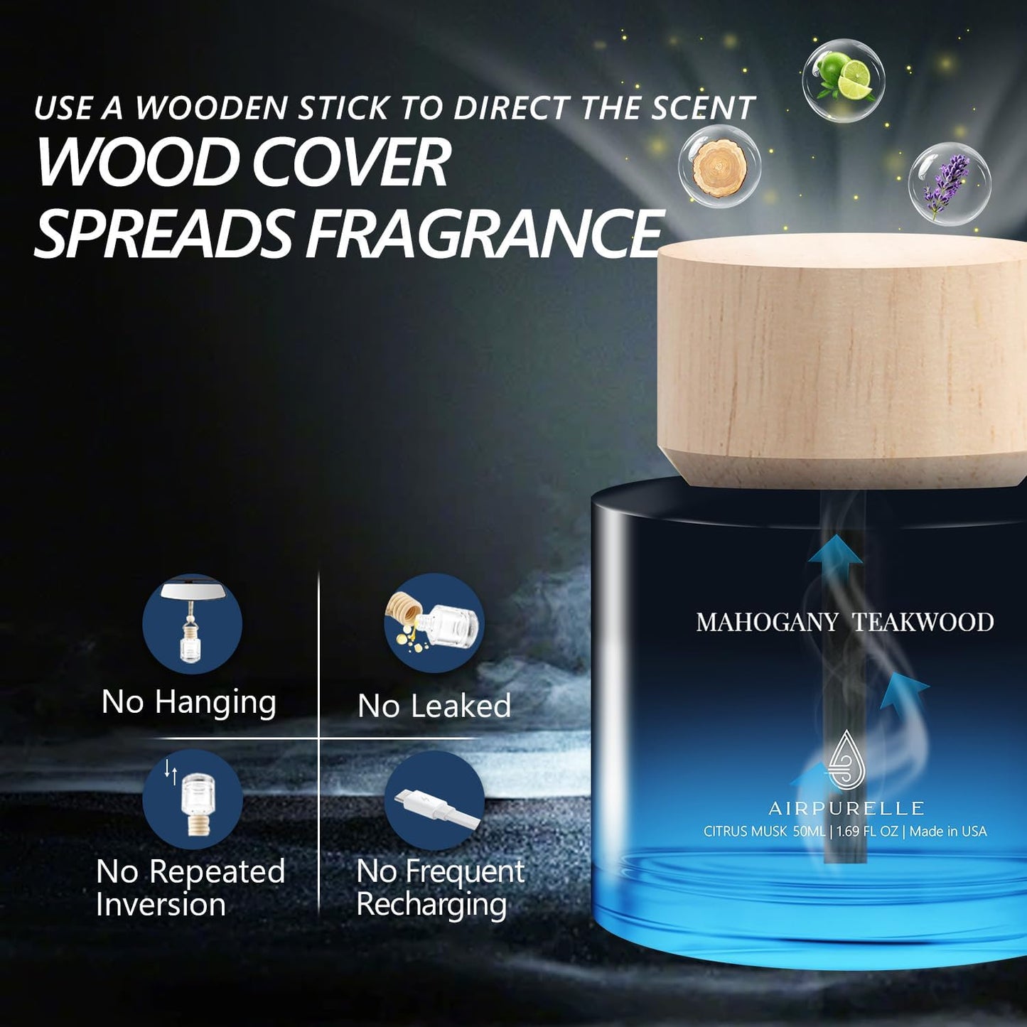 Car Air Freshener for Men & Women – Long-Lasting Mahogany Teakwood Essential Oil Diffuser for Car Cup Holder – 50ML (1.7 FL OZ) Car Scent Diffuser, Inspired by Perfume – Made in USA