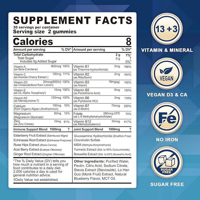 Men's & Women's Sugar Free Methylated Multivitamin 50 Plus with Glucosamine Chondroitin MSM, Iron Free Gummies for Senior with Multi Vitamin D3 K2 & A C E, B Complex - 60 Count (Pack of 1)