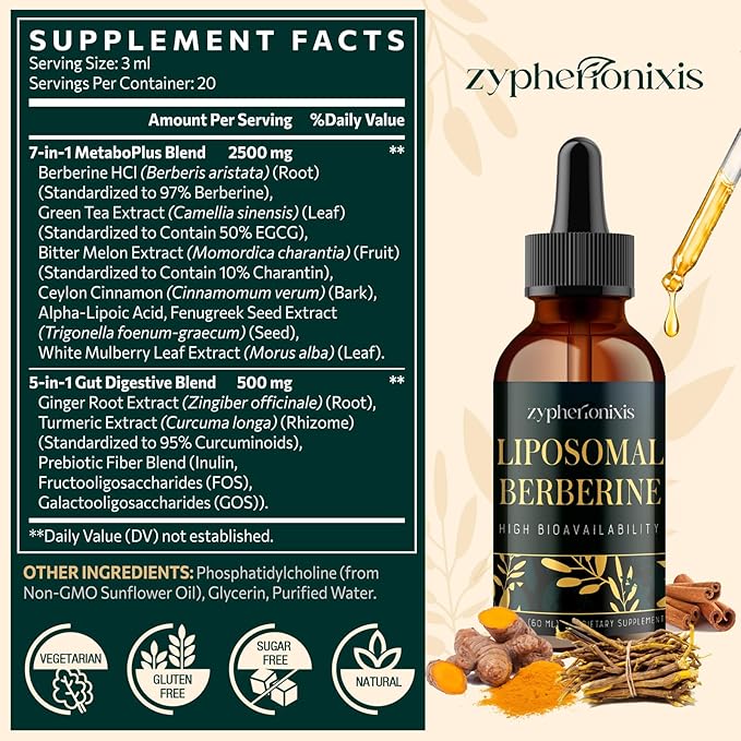 Liposomal Berberine HCL Supplement Liquid 3000mg - High Absorption Berberine Drops with Ceylon Cinnamon - 12-in-1 Formula AMPK Activator, Sugar Free - 4 fl oz