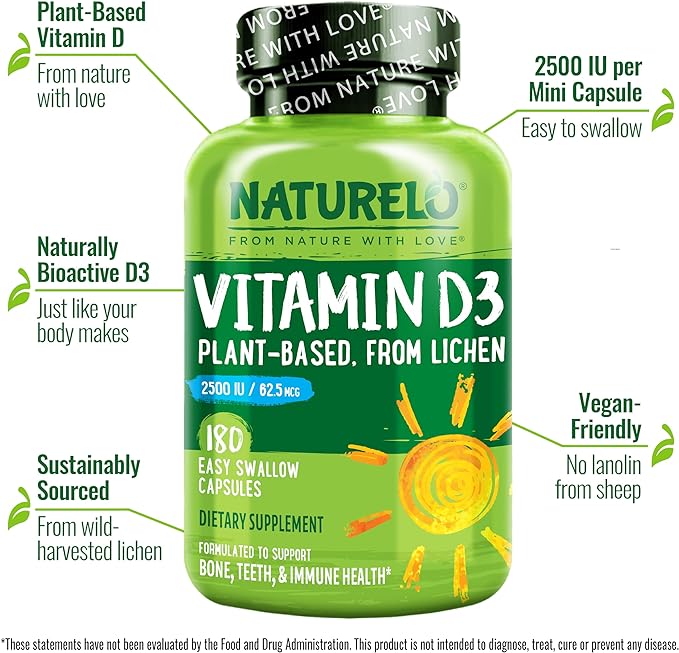 NATURELO Vitamin D - 2500 IU - Plant Based from Lichen - Natural D3 Supplement for Immune System, Bone Support, Joint Health - Vegan - Non-GMO - Gluten Free - 180 Capsules