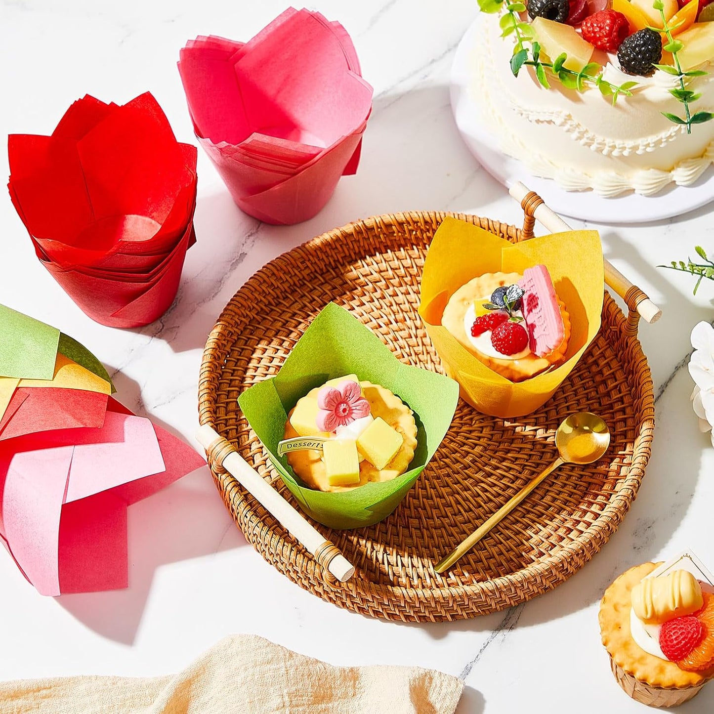 300 Pcs Jumbo Muffin Liners for Baking 2-1/4" x 4" Large Tulip Cupcake Liners Greaseproof Cupcake Wrapper Paper for Weddings Birthday Christmas Anniversaries Party (Green,Red,Yellow,Pink)