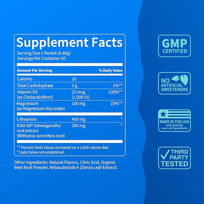 Supercalm Powdered Drink Mix, Raspberry Lemonade, L Theanine, Ksm-66 Ashwagandha, Magnesium Glycinate, Vitamin D 3, Supplements for Relaxation & Focus, No Sugar, Non GMO, On The Go, 20 Ct