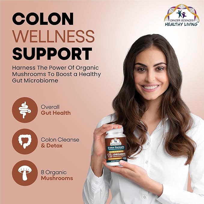 Cancer Sciences Colon Wellness Supplement, USDA Certified Organic Mushrooms Extract, Extra Strength 1,500 mg, High Potency 40% Beta-Glucans, Immune, Gut & Digestive, Colon Cleanse & Detox, 120 Caps