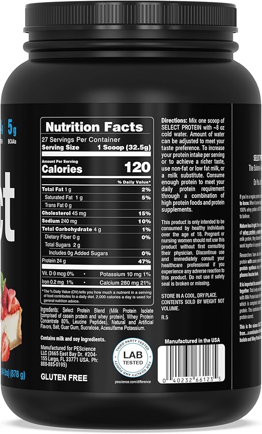 PEScience Select Protein Powder, Whey and Casein Blend, Clean Protein Powder for Women and Men, Low Calorie, Low Carb, Keto Friendly, Gluten Free, Strawberry Cheesecake, 27 Servings
