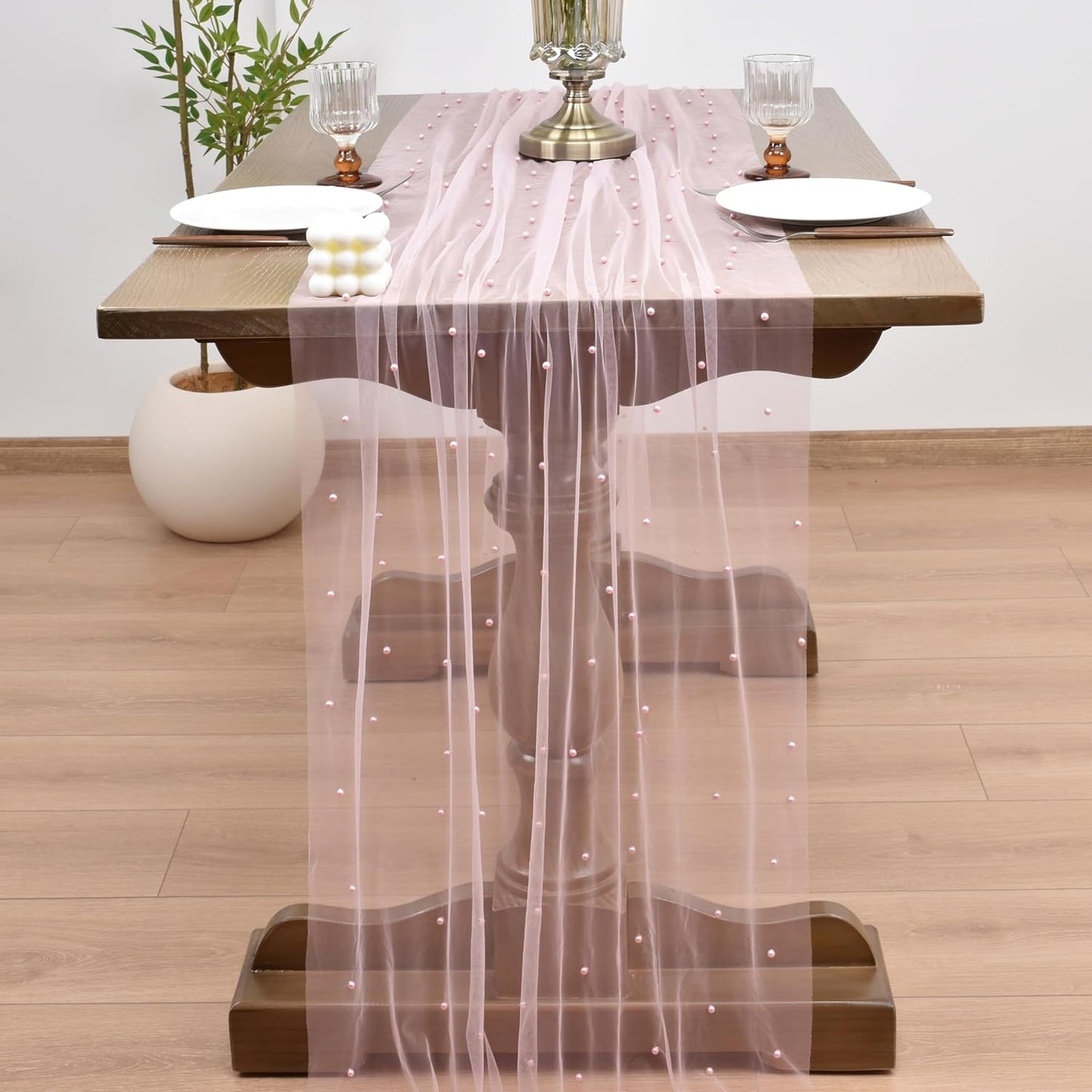 Joanlody Fall Pearl Table Runner 10ft Rustic Boho Tulle Table Runner with Pearls for Baby Shower Wedding Party Veil Dessert Thanksgiving Table Decor Pink 4pcs