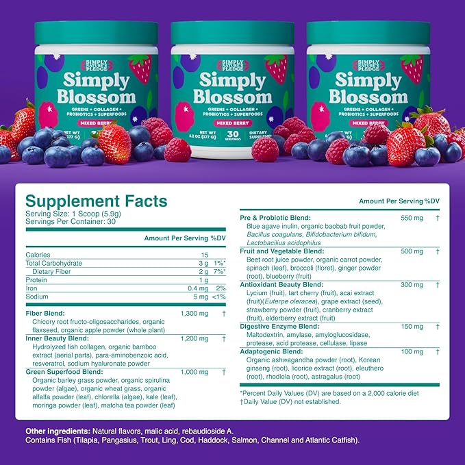 Simply Blossom Nutrition - Daily Greens & Superfood Powder + Collagen + Probiotics for Women's Digestive Health & Bloating Relief. Help Your Health Bloom - 3 Month Supply