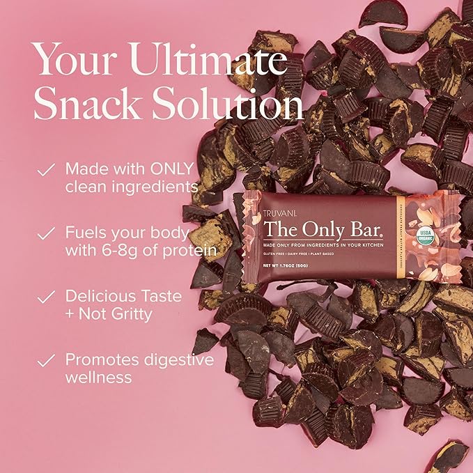Truvani Plant Based Snack Bars | Chocolate Peanut Butter 1 Pack | 7g Protein | USDA Organic and Vegan | The Only Bar | Dairy, Soy, and Gluten Free | Individually Wrapped