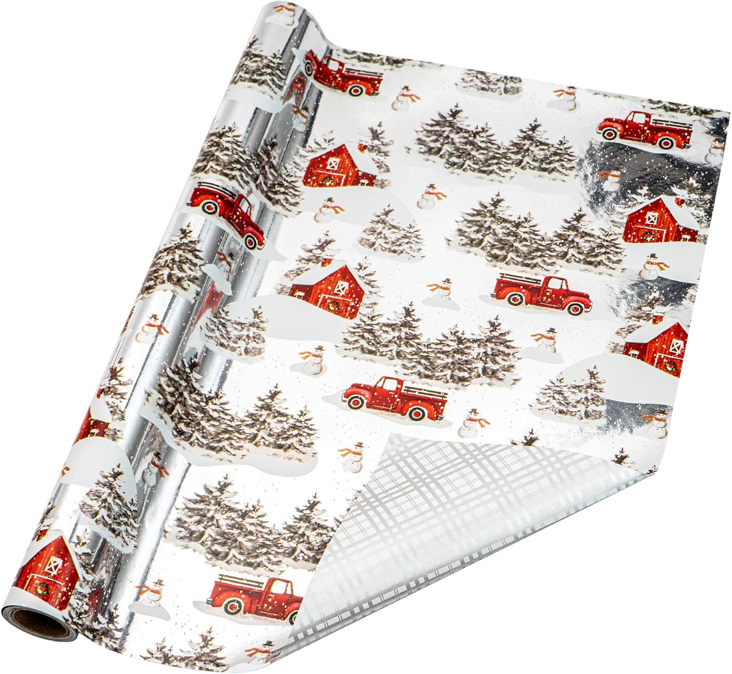 LeZakaa Christmas Silver Wrapping Paper Jumbo Roll for Boy Kid, Red Truck, Snowy Pine Forest & Grid Plaid, Silver Foil Reversible Design for Winter Holiday Family Gathering, 30 inches x 100 Feet