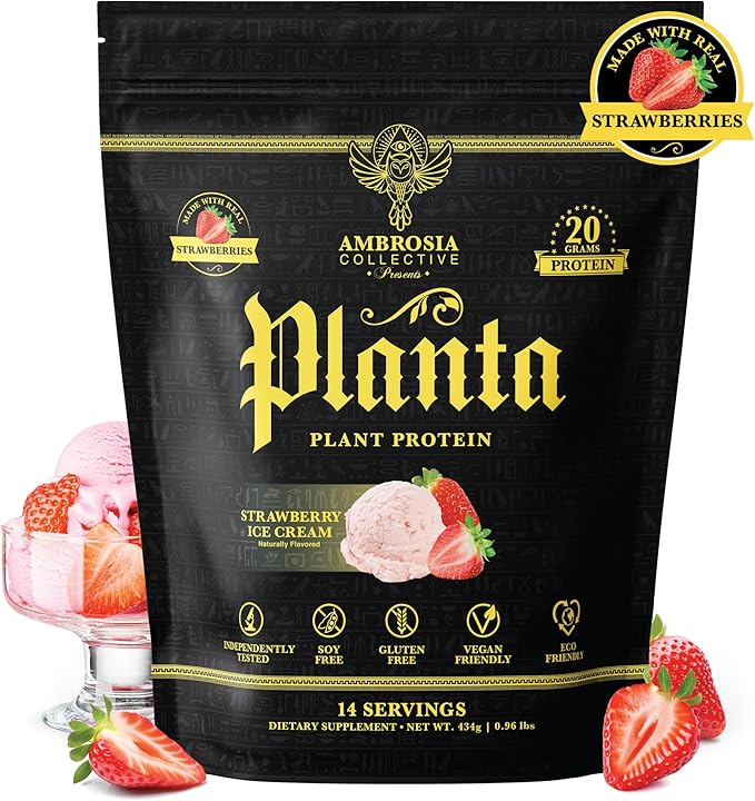 Ambrosia Planta - Premium Organic Plant-Based Protein | Vegan & Keto Friendly | Gourmet Flavors with No Bloating or Stomach Upset | No Added Sugar | 14 Servings | (Strawberry Ice Cream)
