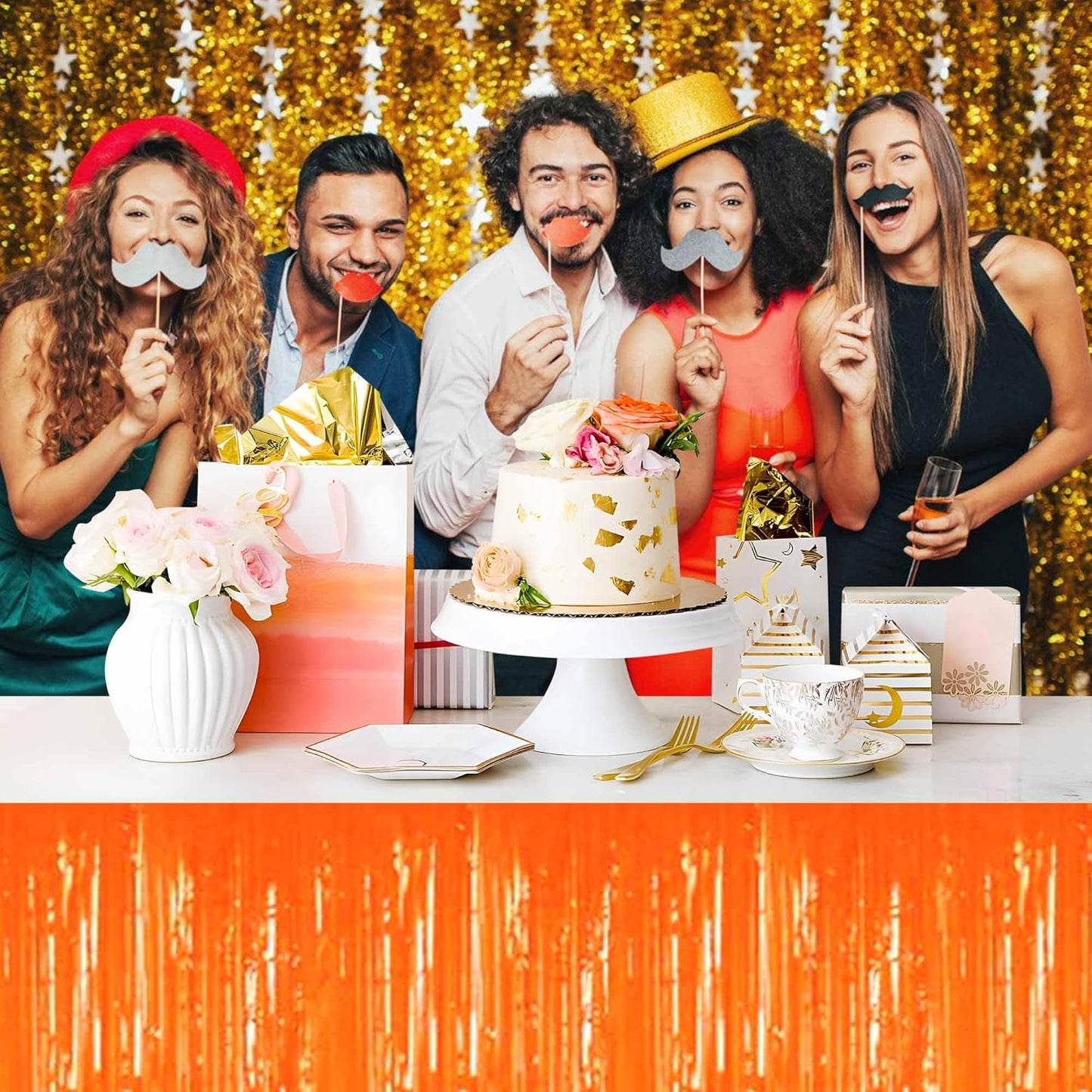 3 Pack 29 x108 Inch Macaron Orange Foil Fringe Table Skirts Metallic Banner for Tinsel Streamer Garland Backdrop for Parade Floats Mother's Day, Graduate, Birthday, Wedding Party Decoration