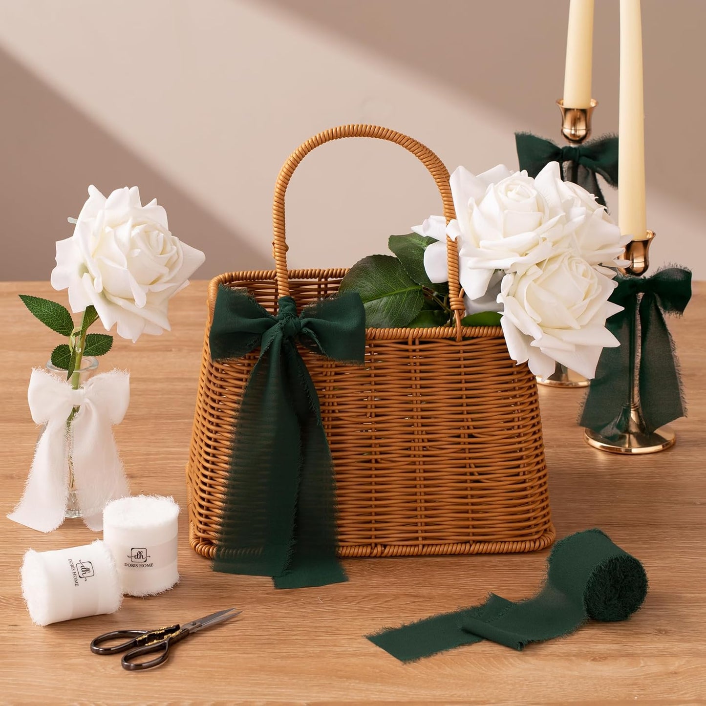 DORIS HOME 2" x21Yd Chiffon Ribbon for Flower Bouquet, Green & Ivory Fabric Ribbon for Gift Wrapping, Handmade Frayed Ribbon for Wedding/Christmas Decorations