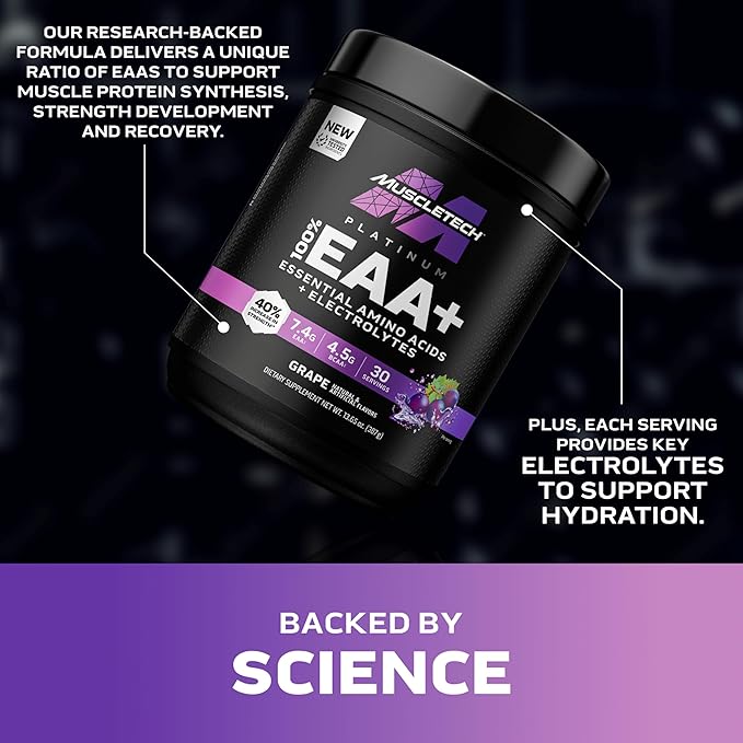 MuscleTech Platinum Essential Amino Acids Supplement with Electrolytes, Grape - Pre-Workout Powder for Energy, Muscle Growth & Strength Builder - EAA Complex for Men & Women - 30 Servings