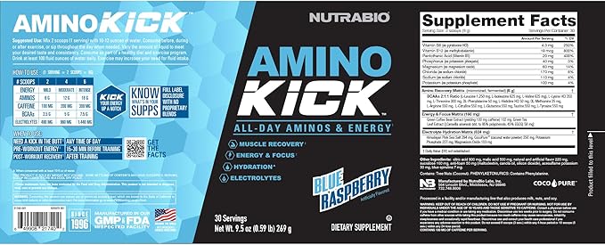 NutraBio Amino Kick – BCAA Powder with Natural Caffeine – Amino Acids Supplement for Energy, Hydration & Recovery – BCAAs, Electrolytes & Amino Acids – Blue Raspberry, 30 Servings