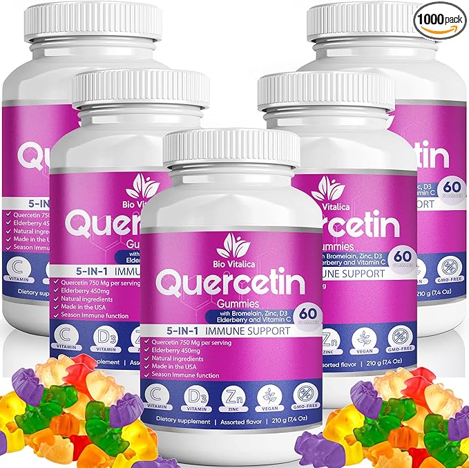 Quercetin Gummies by BioVitalica - Quercetin with Bromelain Vitamin C and Zinc & Elderberry + Vitamin D3-5 in 1 Immune Support - Zinc Quercetin 750 mg for Kids and Adult (5, Quercetin)