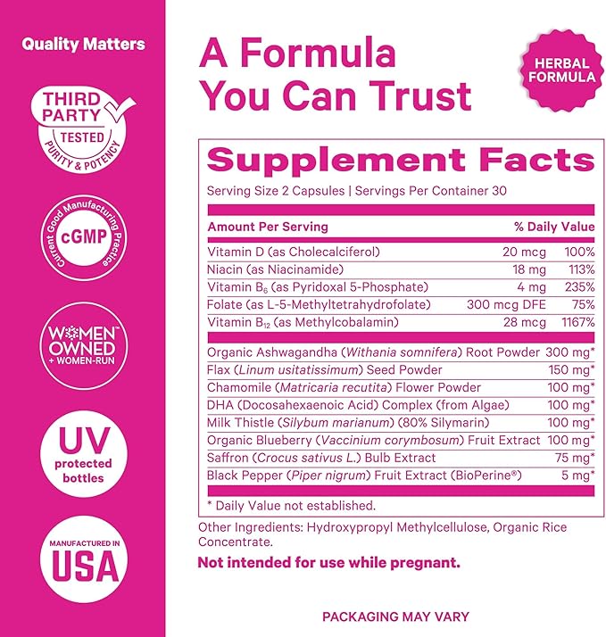 Pink Stork Cortisol Supplements for Women - Adrenal Support + Stress Manager with Organic Ashwagandha, Omega 3, Saffron, Multivitamins - Hormone Balance for Women - 60 Count