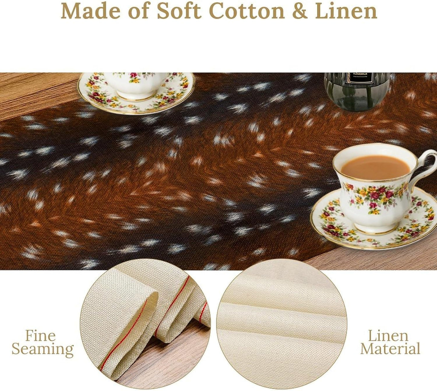 Deer Skin Table Runner Brown Fur Runner Black White Elk Deer Print Fur Western Print Cotton Linen Cottage Dinner Table Runners for Dining Room Kitchen Table Setting, 13x108 Inch