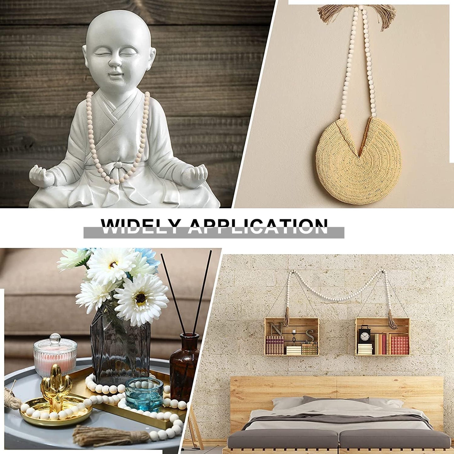 DECORKEY Farmhouse Wood Beads Garland, 2 Pack 58 Inch Wooden Beads for Boho Home Decor with Tassels, Rustic Country Decor for Coffee Table, Wall, Shelf, Tray, Vase, Living Room, Bedroom