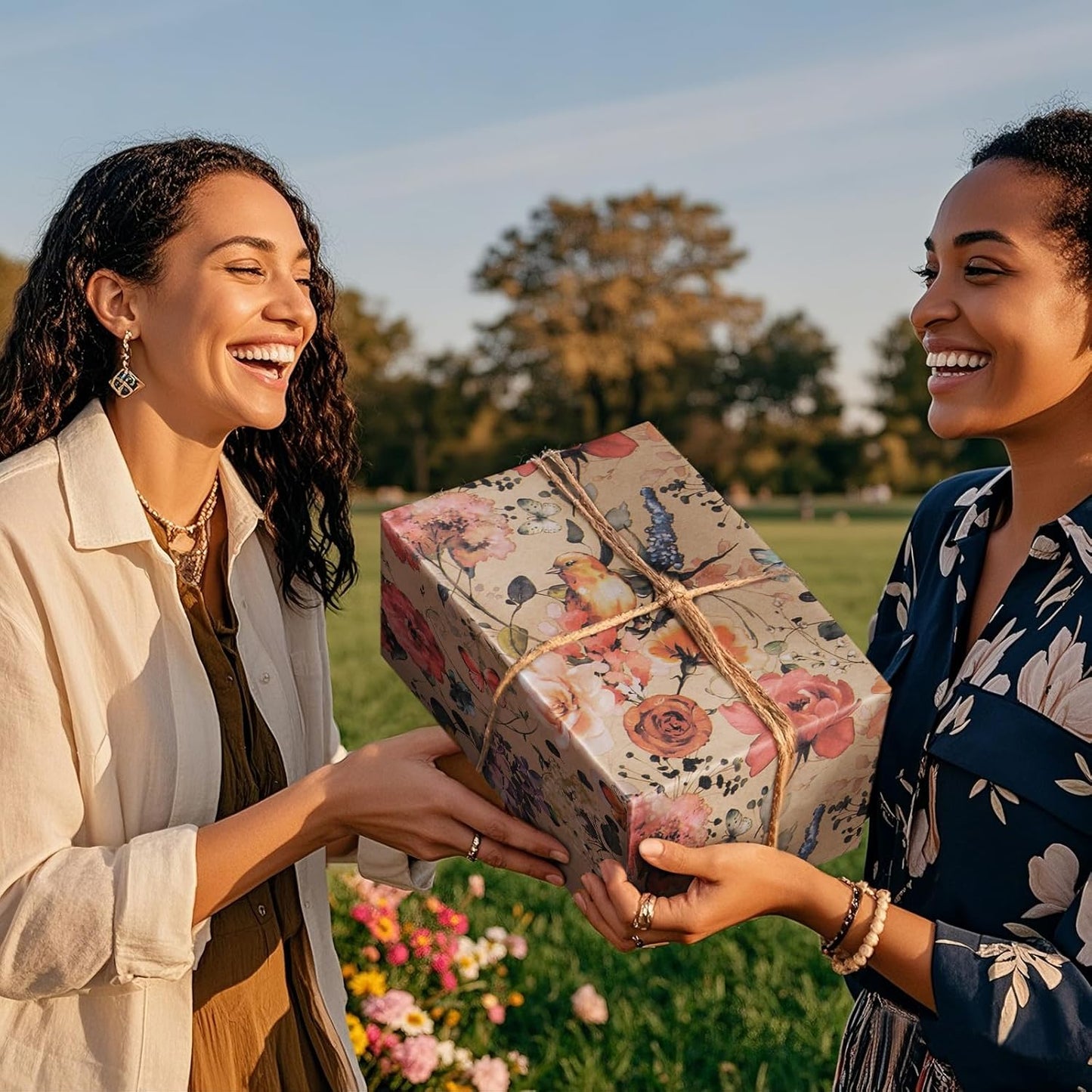 RUSPEPA Blooming Flower Wrapping Paper with Bird and Butterfly Design, 17 in x 32.8 ft Each Roll, Mini Roll Kraft Floral Wrapping Paper for Girls, Women, Spring and Birthday