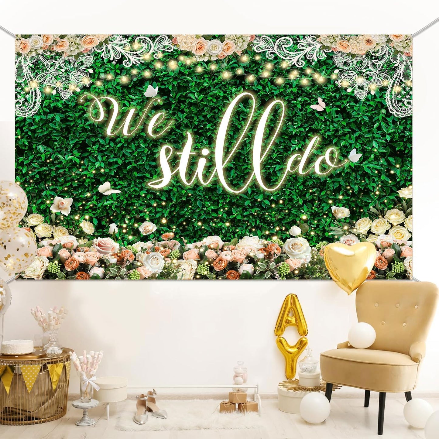 We Still Do Backdrop Green Leaves Lace Wedding Anniversary Photography Background Engagement Vow Renewal Bachelorette Party Decoration Banner Photo Booth Studio Props 10x7ft FU065YL