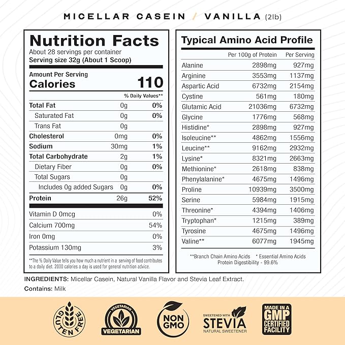 Muscle Feast Grass Fed Micellar Casein Protein Powder, Pasture Raised & Hormone Free, Slow Digesting Casein Protein - Supports Overnight Muscle Recovery, Gluten Free Protein Powder - Vanilla, 2lb