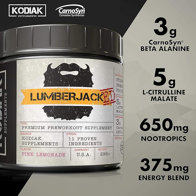LUMBERJACKED Pre Workout Supplement with CarnoSyn 30 Servings - Better Pumps, Strength, Energy, and Focus - No Crash (Pink Lemonade)
