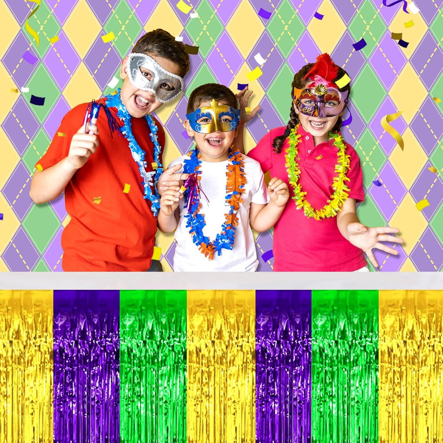 3 Pack 29 x108 Inch Gold Green Purple Foil Fringe Table Skirts Metallic Banner for Tinsel Streamer Garland Backdrop for Parade Floats Wedding Thanksgiving Birthday Christmas New Year Party Decoration