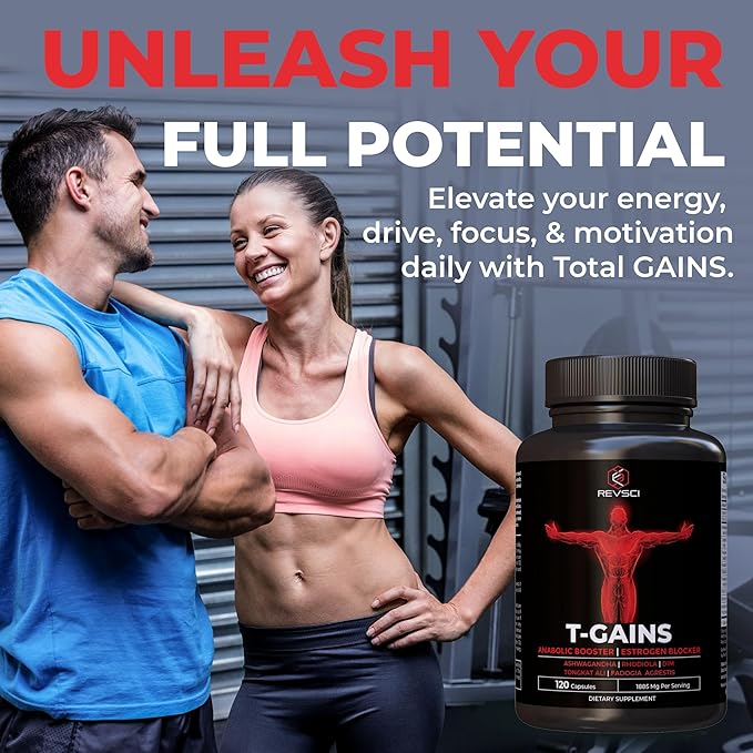 Testosterone Supplement for Men - T-GAINS Natural Testosterone Booster for Men with Longjack Tongkat Ali, Fadogia Agrestis, Shilajit - Estrogen Blocker, Mucle Builder & Vitality Support, 120 Count