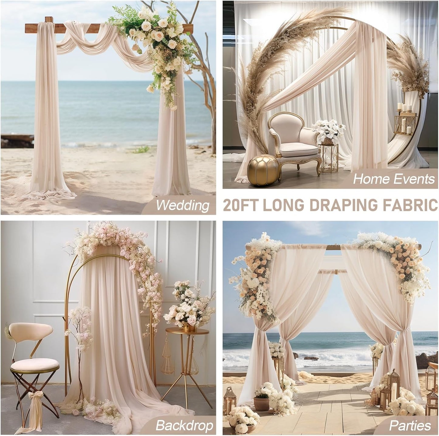 30" x 20Ft Wedding Arch Draping Fabric, 2 Panels Dark Champagne Sheer Curtain Drapes Extra Wide & Long Backdrop Curtains for Wedding Arch Ceremony Birthday Party Decorations