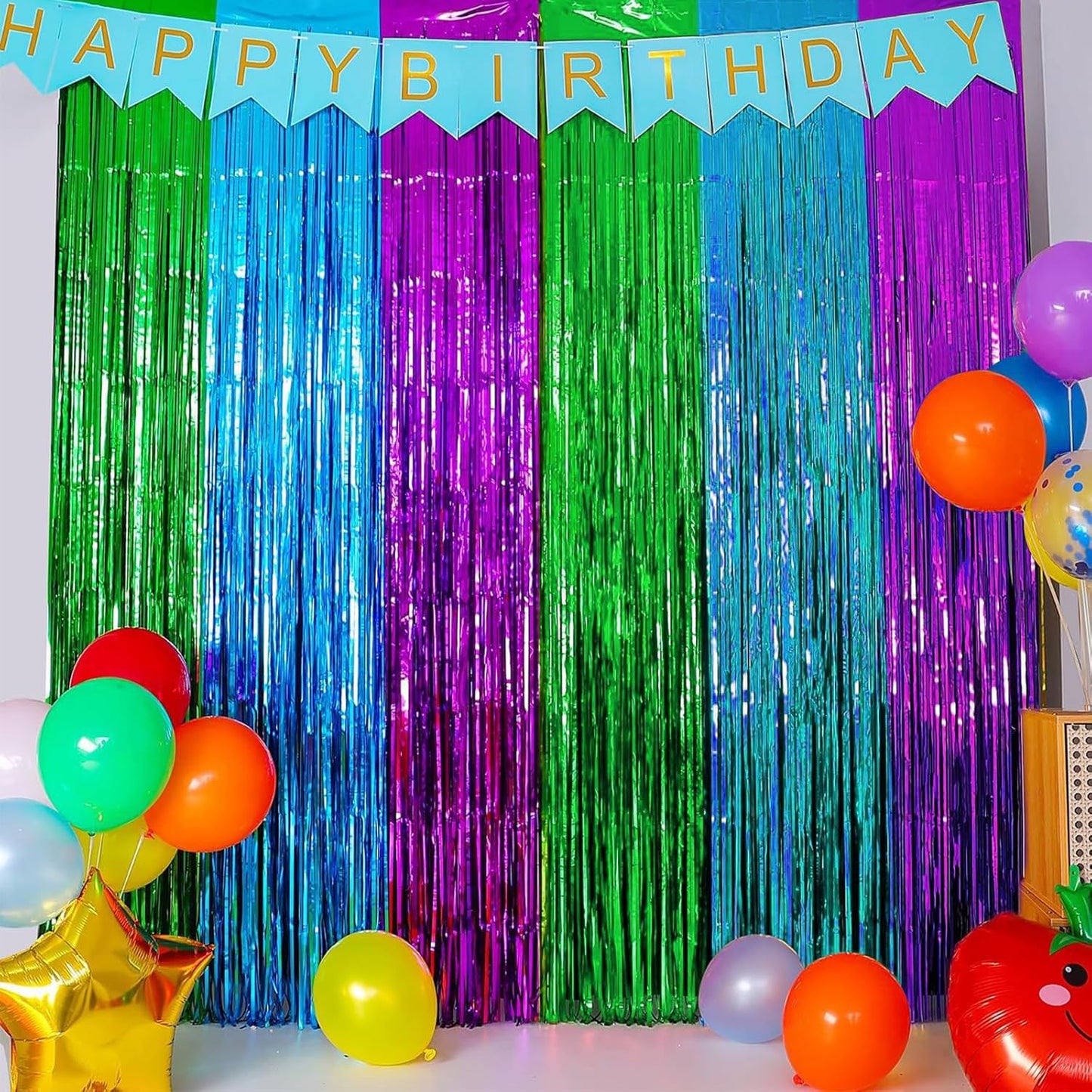CANREVEL 2 Pack 3.3x8.2 Feet Green Blue and Purple Foil Fringe Backdrop Curtains, Tinsel Streamers Birthday Party Decorations, Photo Booth Props Backdrop for Graduation, Carnival, Baby Shower