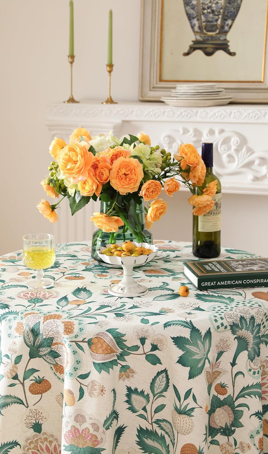 patdrea Designer Small Vintage Green Round Table Cloth,French Floral Country Linen Durable Tablecloth,Wrinkle Free Cover for Kitchen Dining,Christmas,Thanksgiving,Diameter 55"-Tree Life