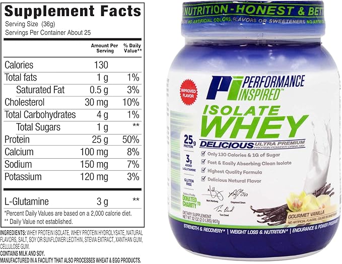 Performance Inspired Nutrition Isolate Whey Protein Powder - All Natural - 25G - Fast Absorbing & Clean - Added L-Glutamine - Contains BCAAs - Vanilla - 2lbs
