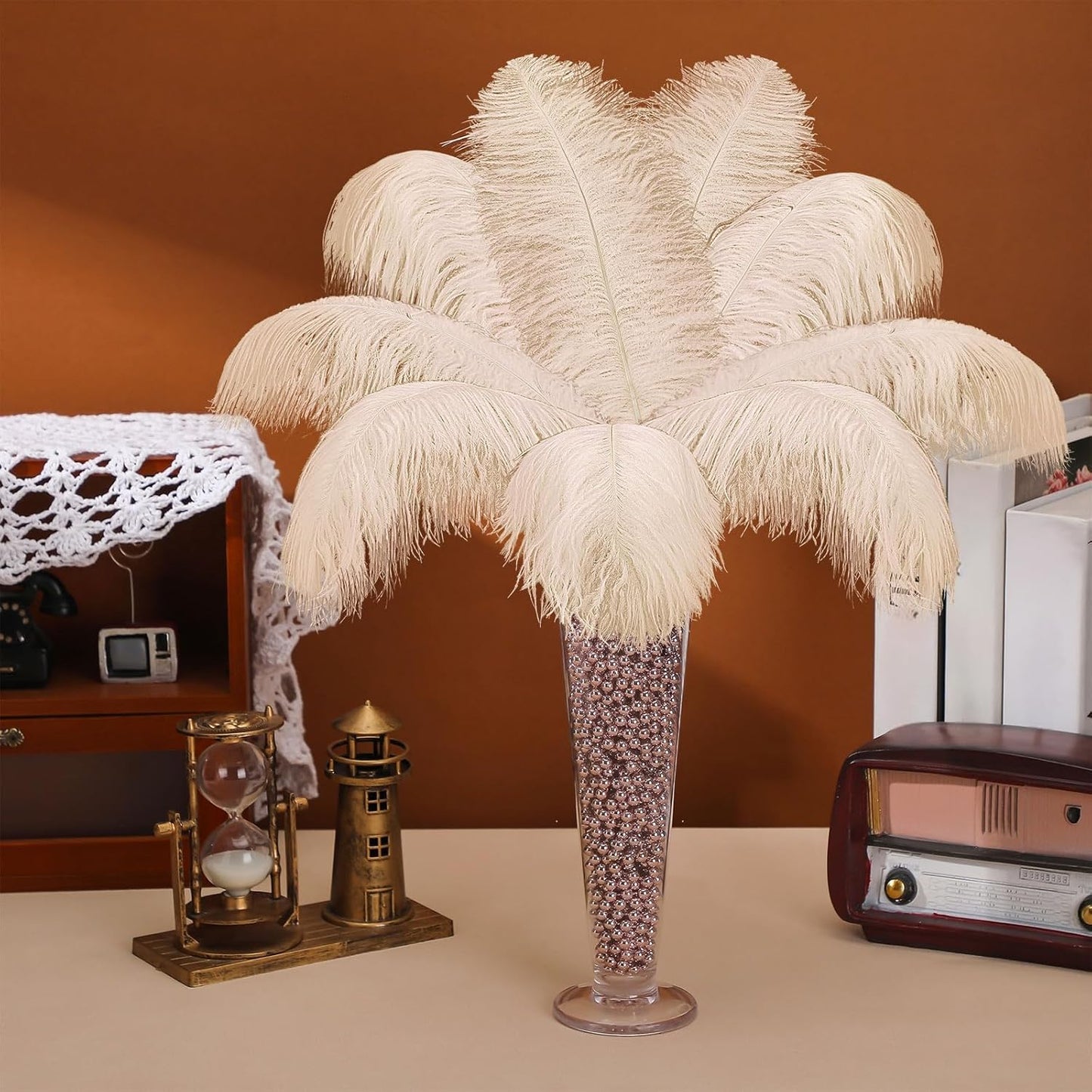 Yuxung 6 Sets Wedding Table Centerpiece Accessories Including 159 Pieces Natural Ostrich Feather Bulk Plastic Vases and Beads Necklaces for Wedding Home Party Centerpiece Supplies(Champagne)