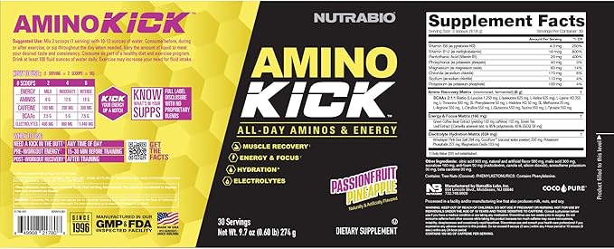 NutraBio Amino Kick – BCAA Powder with Natural Caffeine – Amino Acids Supplement for Energy, Hydration & Recovery – BCAAs, Electrolytes & Amino Acids – Pineapple Passionfruit, 30 Servings