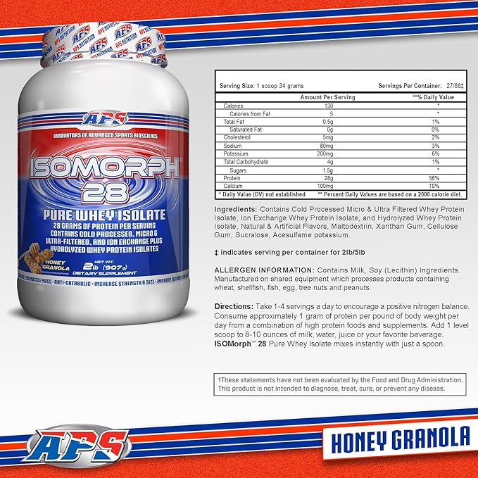 APS Nutrition Isomorph 28 Protein Powder | Pure Whey Isolate | Cold Pressed, Ultra- Filtered, & Ion Exchange Isolates | 28g Protein | 2 Pound (Honey Granola)