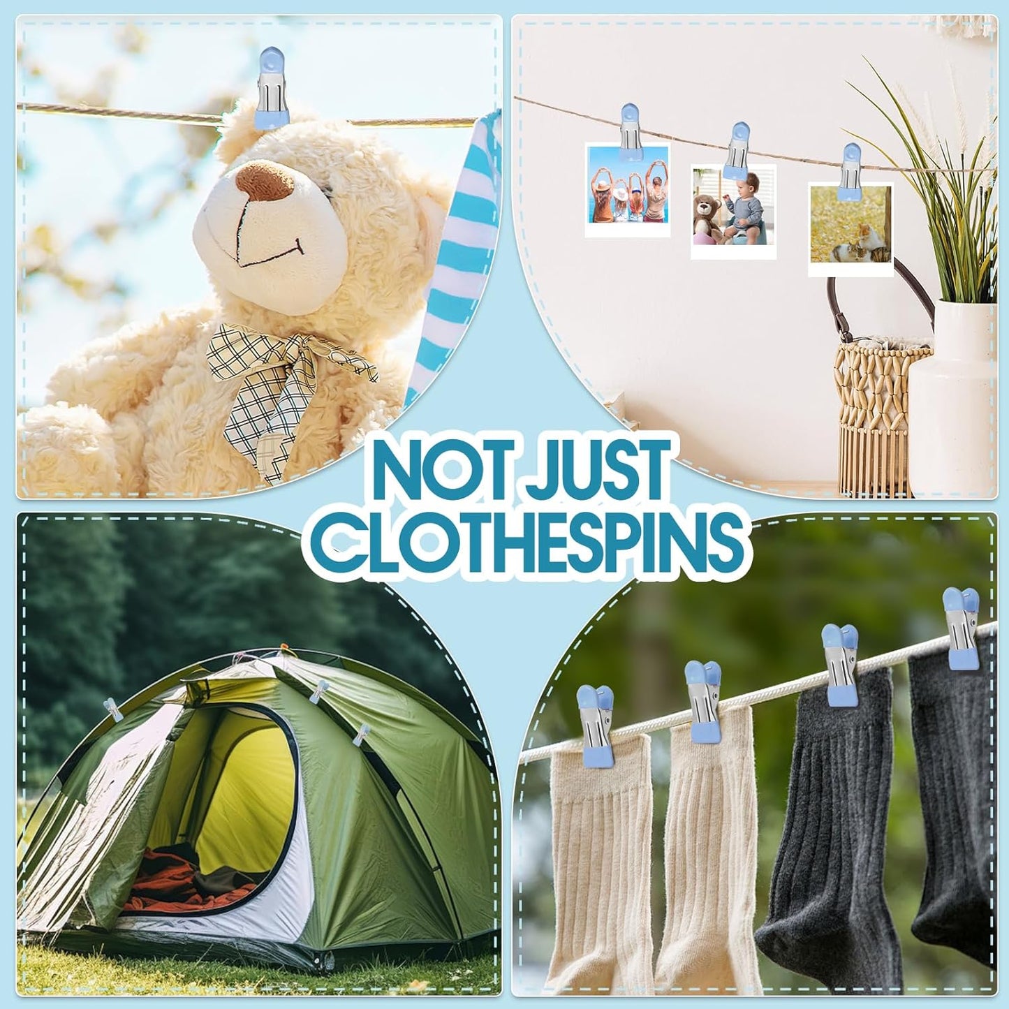 Clothes Pins Heavy Duty 30 Pack - 2.17 Inch Metal Chip Clips, Clothespins for Photo Drying Clothesline Laundry Sock, Bag Clips for Food Kitchen Stainless Steel with Rubber, Blue