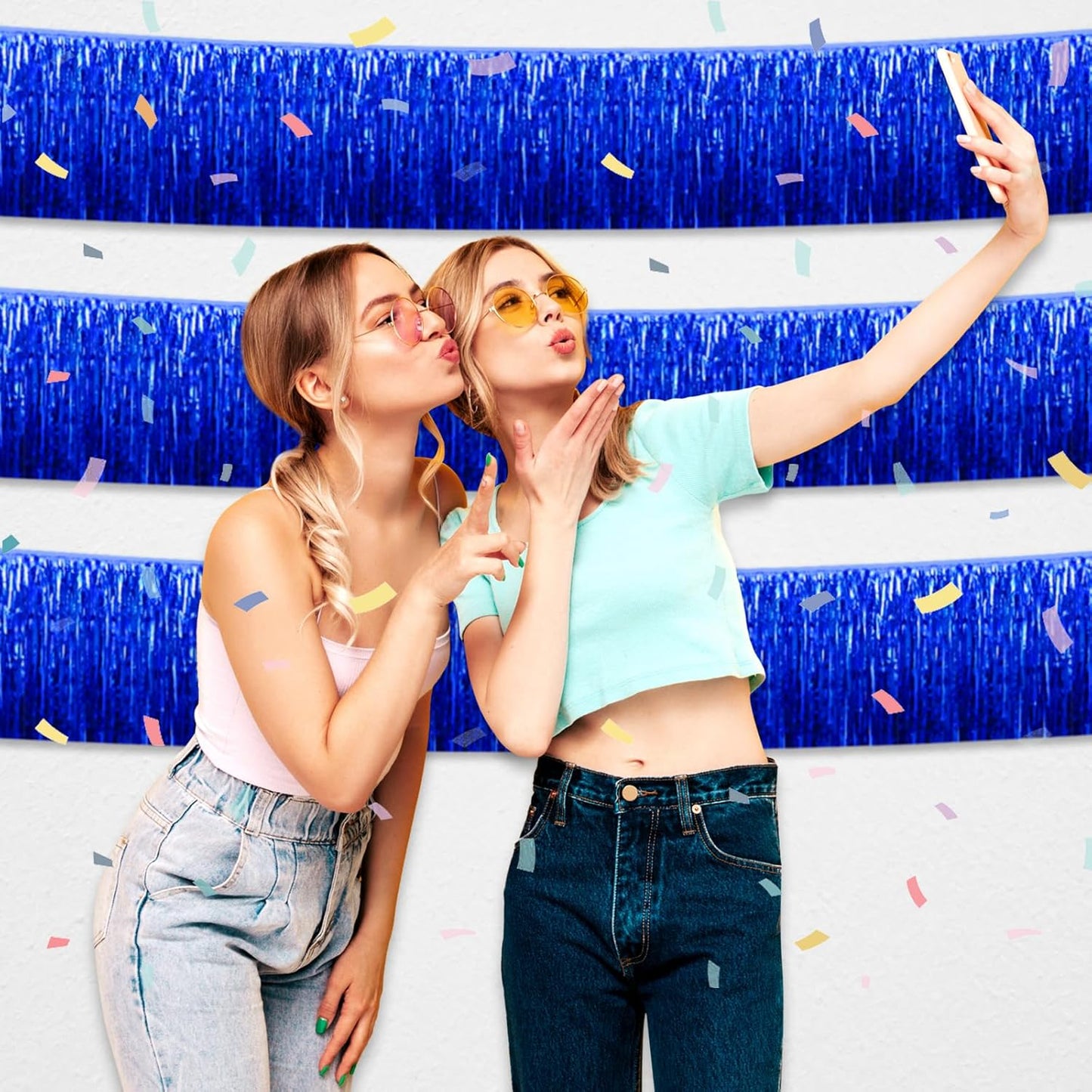 3 Pack 10 Long Blue Metallic Foil Fringe Garland Wall Hanging Tassle Banner, Mother's Day, Easter, Parade Floats, Birthday, Theme Party, Wedding Party Decorations