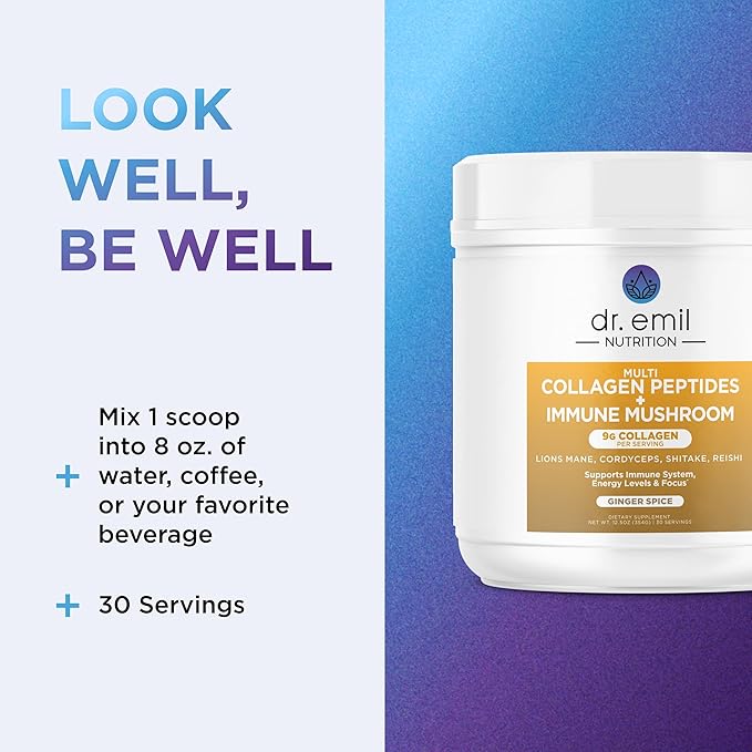 DR. EMIL NUTRITION Collagen Peptides Powder Plus Immune Mushroom Blend - Collagen Powder for Women with Lions Mane & Reishi Mushroom Powder for Immunity - Collagen Supplements for Hair, Skin & Nails
