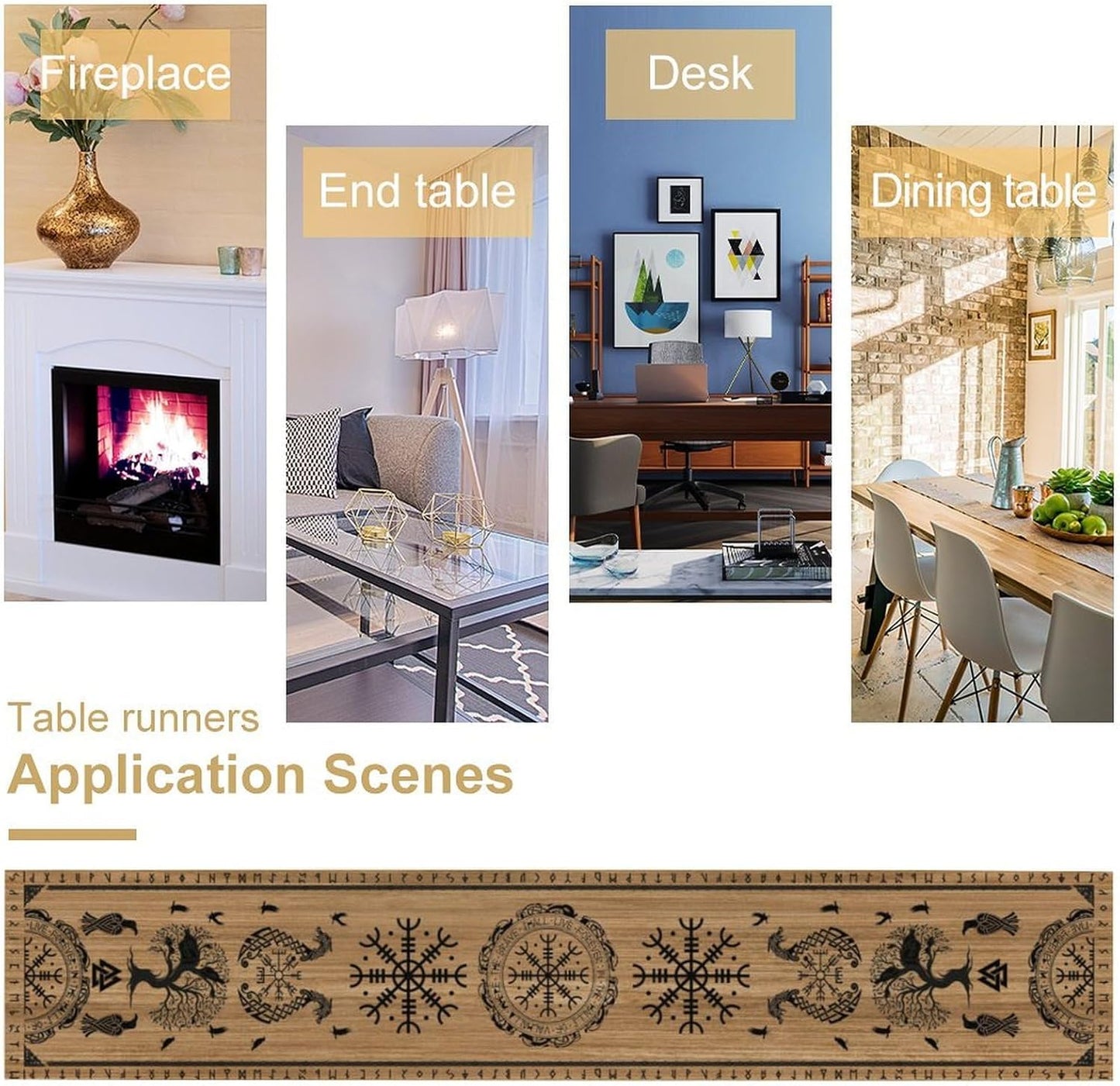 Viking Tree of Life Table Runner, Wooden Printed Eagle Dragon Boat Rudder Seasonal Kitchen Dining Table Decoration for Home Party 13x70 Inch