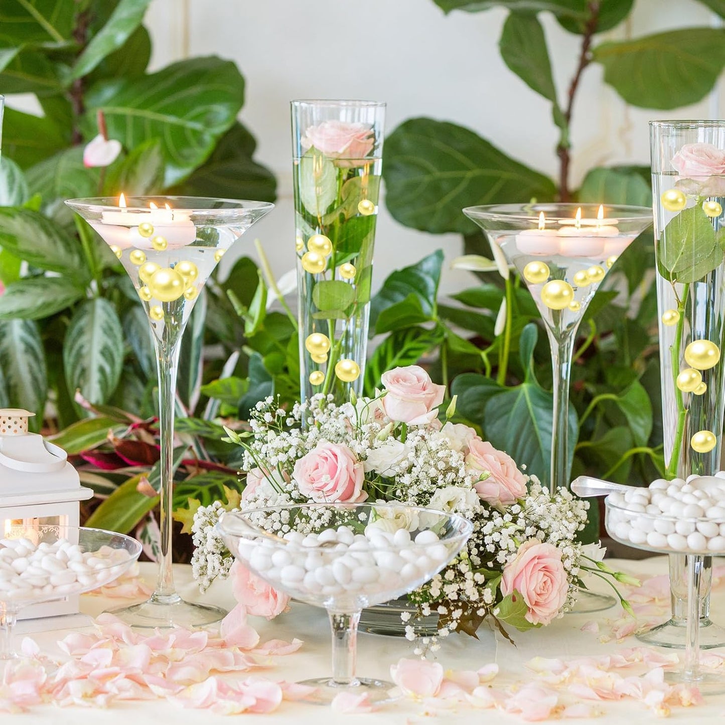 100PCS Light Yellow Faux Pearls Beads for Centerpiece Vases, Vase Filler Faux Pearls, No Holes Filler Beads for Easter Party Anniversary Birthday Wedding Table Decor, 14/20/30mm