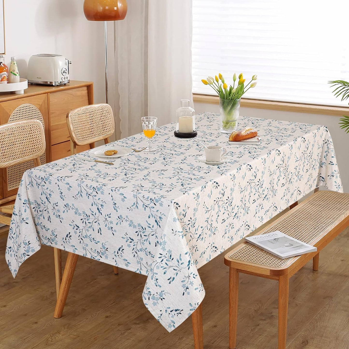 MYSKY HOME Rectangle Table Cloth 60x84 Inch - Spring Summer Floral Tablecloth, Waterproof Linen Fabric Oblong Table Cloth for Kitchen Dining Tablecloth for 4 Feet Table Blue, Small Blue Flower Design