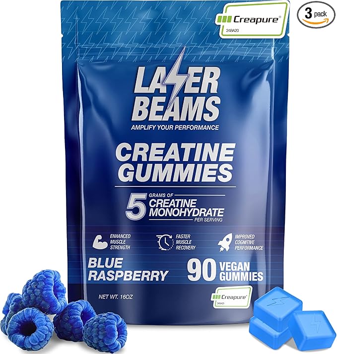 Creatine Monohydrate Gummies for Women & Men- 5g Creapure Creatine per Serving - Vegan, Blue Raspberry Flavor - Boost Muscle Strength, Endurance, Recovery & Mental Focus (90 Gummies)