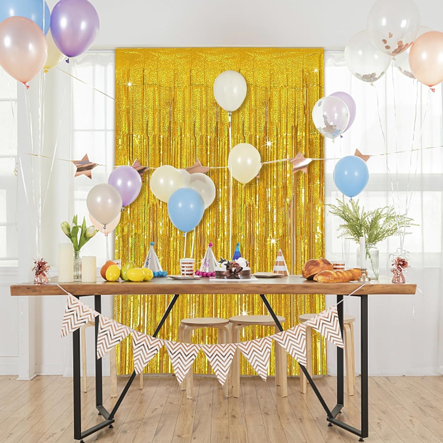 Tinsel Curtain Party Backdrop Gold Birthday Decorations 2 Packs Glitter Foil Fringe Curtain Party Decor Streamers Photo Booth for Birthday Christmas Wedding Halloween Graduation Decorations